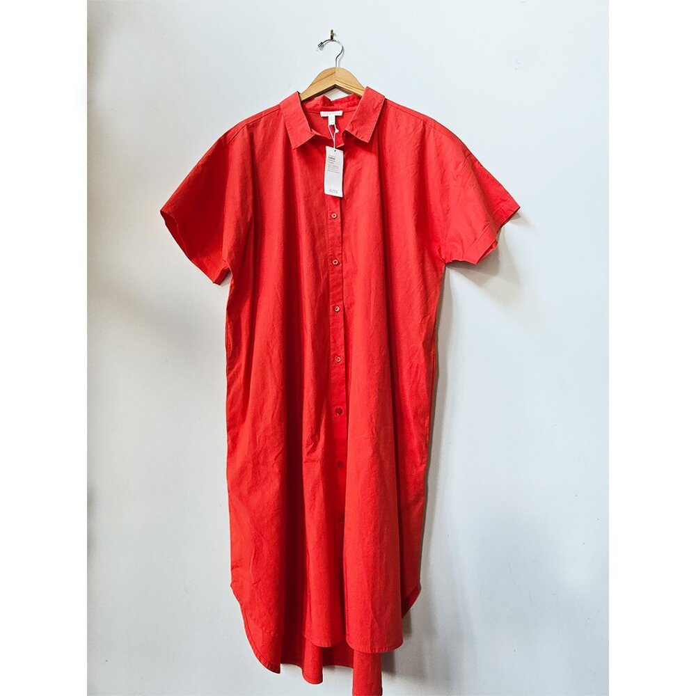 NWT Eileen Fisher Poppy Red Short Sleeved Organic Cotton Poplin Shirtdress XL